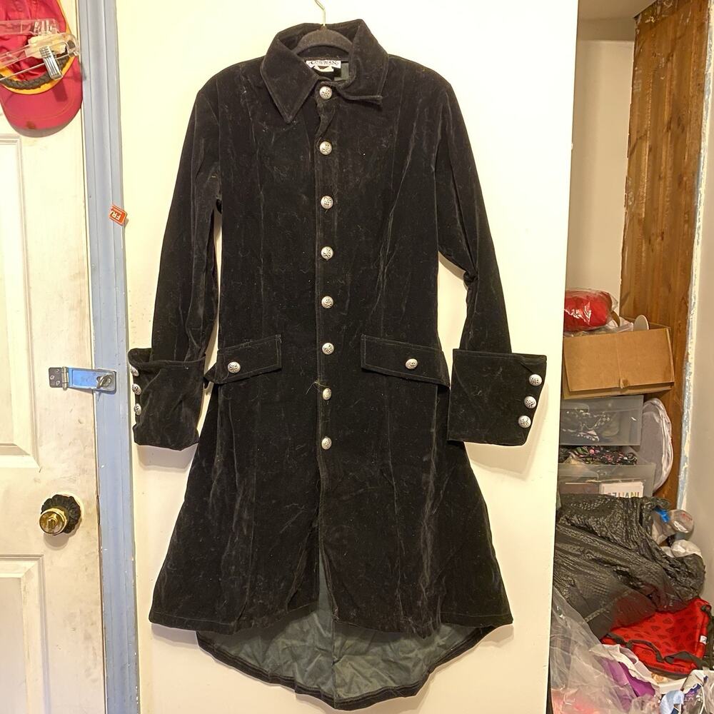 CHARADES Treasure Island Pirate Coat Velour Long Black Skulls Unisex Adult S USA - Picture 6 of 16